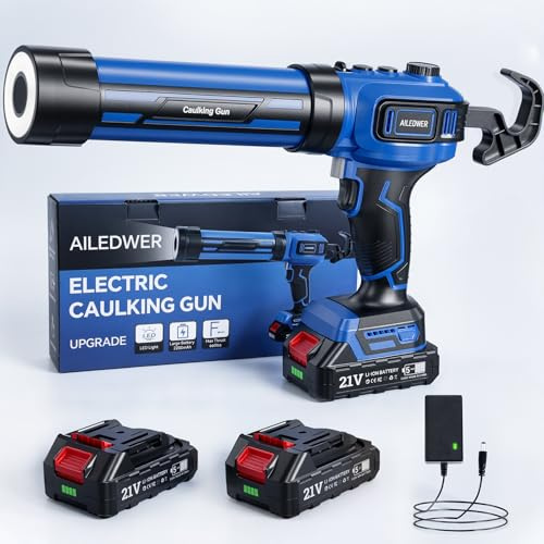 Cordless Caulking Gun, Battery Powered Caulk Gun, Electric Caulking Gun w/2 x 2.0Ah Batteries,LED Light, Auto Retract for Filling, Sealing