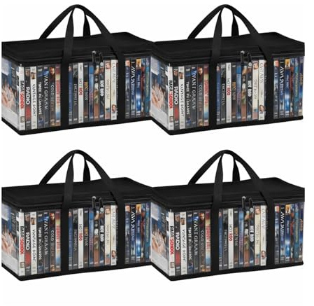 Vixzoid Lot de 4 sacs de rangement pour DVD, grande capacité pour 160 DVD/CD, organiseur multimédia en PVC transparent avec fermeture éclair et poignées renforcées