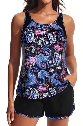 Hanna Nikole Women Swimwear,Modest Swimming Costume,Sport Tankini Sets Two Piece Tummy Control Swimsuit,Built-in Bra Tankini Top with High Waist Buit in Bottom Swim Shorts with Pockets， Bathing Suit