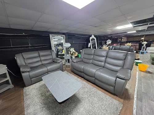 SOFA HUB 3+2 Seater Leather Recliner Sofa Set with Cupholders – Leather Manual Recliner Sofas for Living Room, (Full set 3+2) (Grey)