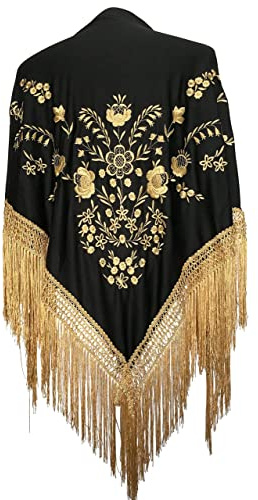 La Senorita Spanish Flamenco Dance Shawl Black Gold with golden Fringes Large