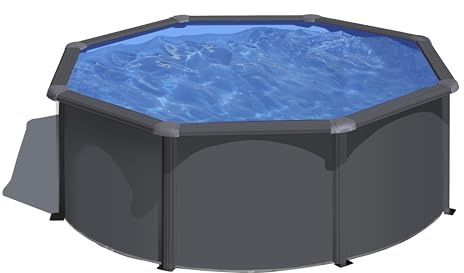 Gre KIT300GY Piscina de Acero Elevada, Redonda con Aspecto Acero Gris Grafito, Piscinas Desmontables para Jardín, 300 x 120 cm, Kea