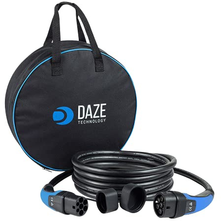 Daze | Cable de Carga Tipo 2-Tipo 2 para Coches Eléctricos EV y PHEV con Funda | 32 A | Compatible con EVs como Model 3-S-X-Y/Compass/Renegade/ZOE/500e/ID.4 (Trifásico/Hasta 22 kW / 3 Metros/Azul)