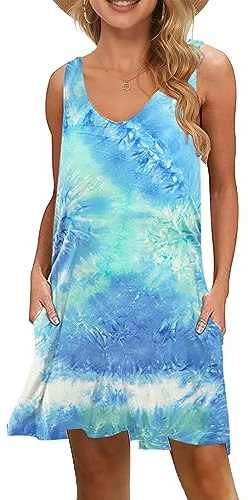 WNEEDU Klänningar för dam lediga sommartröjor kort ärmlös V-ringad klänning med fickor, Färgad blå grön, M