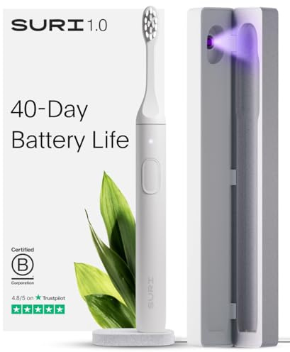 SURI 1.0 Sonic Electric Toothbrush with UV Cleaning Travel Case | 1 Month+ Battery | UK’s No.1 Rated | Electric Toothbrush Adults | Sonic Toothbrushes | White