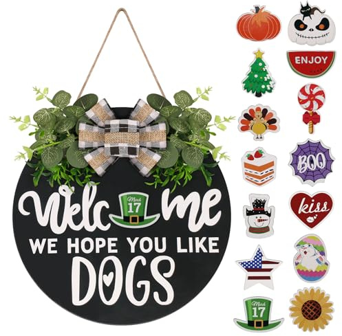 Interchangeable Wooden Seasonal Welcome Sign, Rustic Round Dogs Sign Front Door Wreaths for Home/Wall/Porch Decor, for Easter Spring Summer Fall Halloween Christmas All Season Decorations