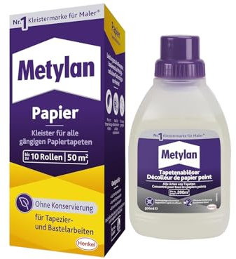 Metylan Papier, Tapetenkleister für Papiertapete, Kleister ohne Konservierungsmittel (1x125g) & Metylan Tapetenablöser Aktiv-Konzentrat, löst schnell und problemlos (1x0,5l)