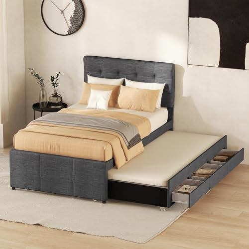 Idemon Cama tapizada, doble, cama familiar, cama de matrimonio con tres cajones, cama extraíble, cabecero ajustable, 90 x 200 cm (90 x 190 cm) (gris)