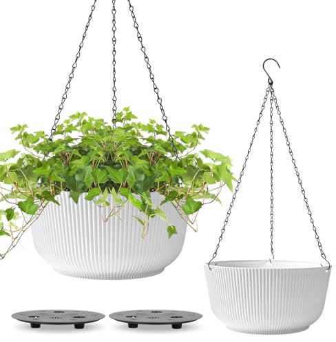 T4U Lot de 2 grands pots de fleurs suspendus de 30,5 cm pour plantes d'extérieur, à arrosage automatique, paniers suspendus pour plantes, pot de fleurs avec trou de drainage et suspension pour plantes