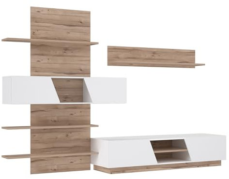 Forte HULON Wohnwand 290 300, Moderne Wohnwand mit 4 Türen, Schrankwand, Holzwerkstoff, Weiß/Stabeiche Holzwerkstoff/Weiß Hochglanz, 296 cm breit x 202,8 cm hoch x 51,8 cm tief