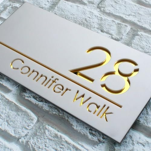 MXN Letrero de casa acrílico moderno, 15 x 29 cm, oro blanco, placa personalizada con número de casa con nombre de calle para uso en exteriores