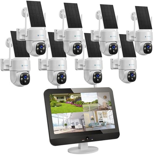 【4MP+PTZ+Solar】 Dual WLAN PTZ Überwachungssystem 12,5 LED Monitor 4MP Solar PTZ Überwachungskamera Set, Mikrofon, 2-Wege Audio, Sirene, Nachtsicht in Farbe,Fernanzeige, App & Mail Alarm (8 Kameras)