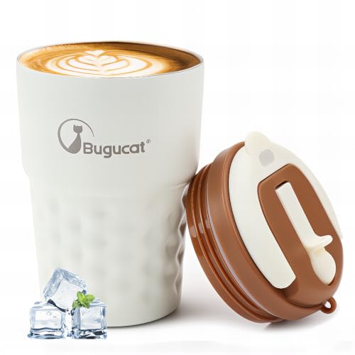 Bugucat Thermobecher Kaffee to Go Becher 360ML, Auslaufsicher Edelstahl Kaffeebecher mit Deckel, Doppelwandig Isoliert Tragbarer Thermo Coffee to Go Becher, Wiederverwendbar Kaffee Thermobecher,Beige