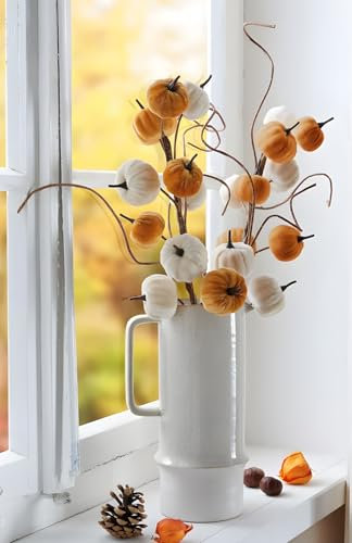 2X Dekozweig Kürbisse in orange & weiß, 70 cm hoch, Kunstzweigwe ideal für die Bodenvase oder als Fenster-Deko, Kunstpflanze, Dekobündel, Herbst-Dekoration