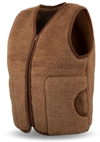 PinkZebra Damen Weste aus 100% Natur-Schurwolle + 5% Kamelwolle, warme Merinowolle Damenweste mit Reißverschluss, Wollweste atmungsaktiv, Schafwollweste braun, Gr. S, Kamel Dunkelbraun