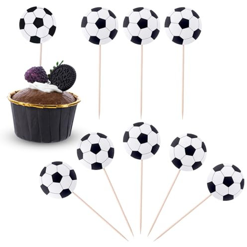 48 Pcs Soccer Ball Cupcake Toppers, Sports Theme Football Cupcake Food Picks Baby Shower Cake Decorations for Sport Balls Theme Soccer Ball Kids Birthday Party Decorations