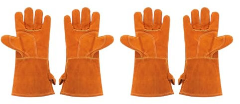 QUARKZMAN 2 Paires de Gants de Soudage 3038-1 14 en Cuir de Vachette Résistant au Feu et à la Chaleur avec Manches Longues pour Barbecue, Cheminée, Four, Cuisson, Jardinage