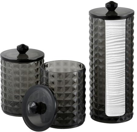 FHISKUNYU 3 STK Wattestäbchen Behälter mit Deckel - Schwarz Wattepadspender Badezimmer Organizer für Wattepads, Ohrenstäbchen & Kosmetikzubehör, Diamantstruktur Design, PP-Material