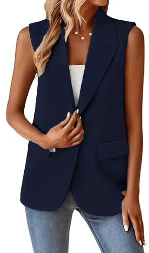 Chaleco Mujer Vestir,Blazer Sin Mangas para Mujer, Estilo Vintage, con Solapa con Muescas, Largo, para Oficina, con Forro Completo, Chaqueta De Un Botón con Bolsillos, Talla Grande, Azul Marino, L
