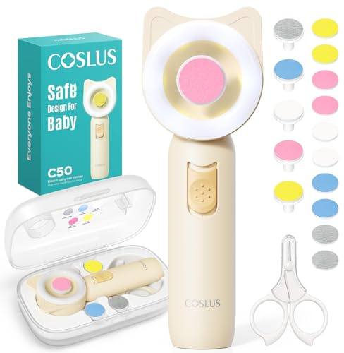 Coupe-ongles électrique pour bébé COSLUS : lime à ongles douce et silencieuse avec éclairage à 360 ° – Coupe-ongles sans danger pour le sommeil, kit coupe-ongles mignon 16 en 1 pour bébé, beige, C50