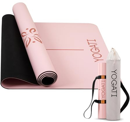 YOGATI® Yogamatte rutschfest Naturkautschuk mit Tasche - Yoga Matte groß mit Markierung, Sportmatte breit, Ideal für Fitness, Pilates und Gym Workout, Fitnessmatte Rutschfest für Damen, Rosa