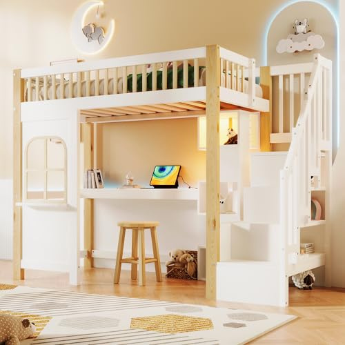 Witimisy Cama alta con forma de ventana y luces LED, cama alta para niños con escritorio y enchufe, con escalera y compartimento de almacenamiento abierto, sin colchón, blanco y natural, 251 x 105 x