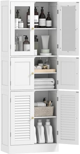 HOMCOM Mobile Bagno Alto Slim con 3 Armadietti a Maniglie, Mobiletto Bagno Salvaspazio con Ante Magnetiche in Vetro, a Persiana e Ripiani Regolabili, per Sala da Pranzo Soggiorno, 60x30x170cm, Bianco
