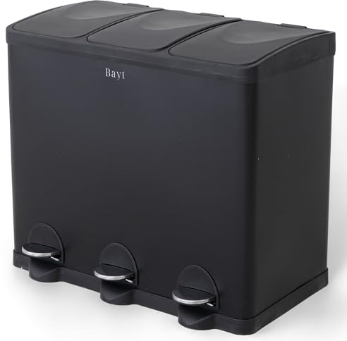 Bayt Soptunna för Källsortering 60L (3x20L), Svart Pedalhink i Rostfritt Stål med 3 Fack, Avfallskärl för Kök, Luktfri & Uttagbara Innerhinkar