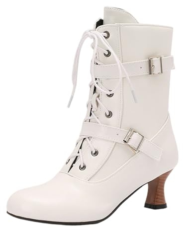 Jemnpela Women's Victorian Ankle Boots Low Kitten Heel Lace-Up Short Booties with Side Zipper Vintage Granny Boots for Steampunk Gothic Cosplay Wedding Party