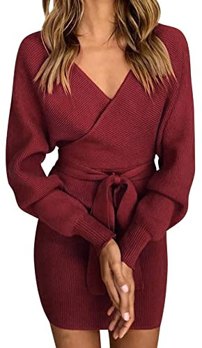 Vancavoo Strickkleid Damen Pulloverkleid V-Ausschnitt Elegant Langarm Pullover Winterkleid Strickpullover Kleid Bodycon Minikleid Sexy Rückenfrei Tunika Kleid Mit Gürtel für Herbst Winter,Rotwein S