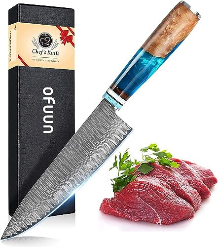 oFuun Coltello Cucina Professionale, coltello da chef Damasco coltelli da cucina professionali giapponese, Lama da 20CM,67 Strati Manico Ergonomico