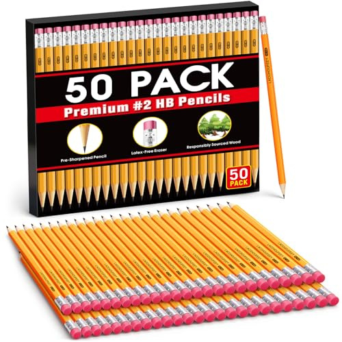 50-Pack Wood-Cased Yellow #2 Pencils Bulk, Pre-Sharpened with Eraser Tops