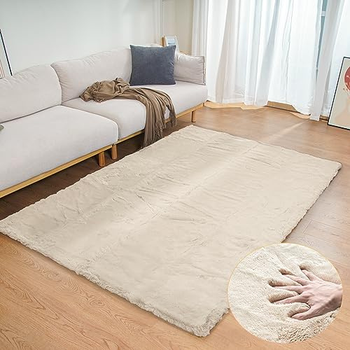 ORINOVA Beige Plush Faux Washable Rabbit Fur Area Rugs for Bedroom Shag Carpet for Living Room 4x6 Rectangle Nursery Rug