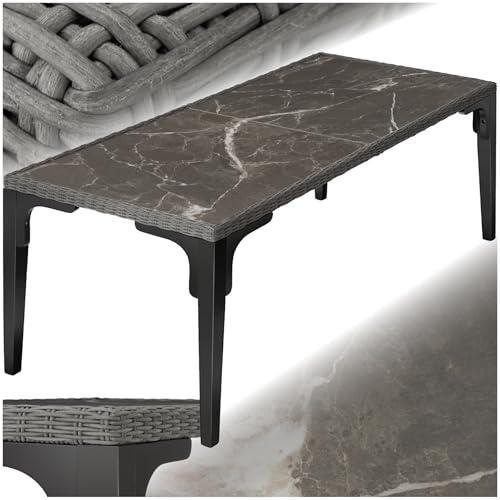 tectake® Mesa de Jardín Exterior de Ratán, Aluminio y Madera, 196 x 97 x 176 cm, Muebles Jardín Exterior Resistentes a Intemperie, Tablero Gres Extraíble, Topes en Patas, Fácil Montaje - Gris