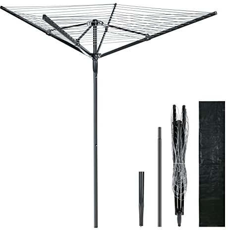 Vivo Technologies 4 Arm 50M Rotary Washing Line Heavy Duty Clothes Airer Dryer for Outdoor & Garden, Folding Large Rotary Clothes Line with Metal Ground Spike and Cover, Black