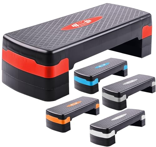 FK Sports Aerobic Exercise Stepper Adjustable Height 2-5 Step Levels 10 15 20 25 & 30 cm Suited for Cardio, Yoga, Workout Training Indoor Outdoor Fitness for Home & Gym (3 Levels Red)
