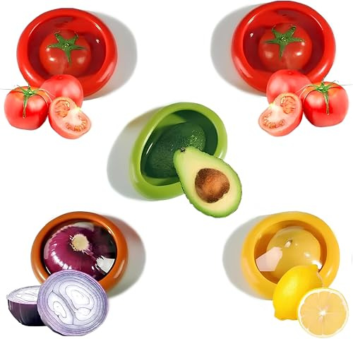 Qivine 5 stycken fruktgrönsaksparare, förvaringsburkar med lock, lufttät, citron, lök, avokado och 2 x tomatkeeper, ABS-material i livsmedelskvalitet, förvaringslåda för färskhet
