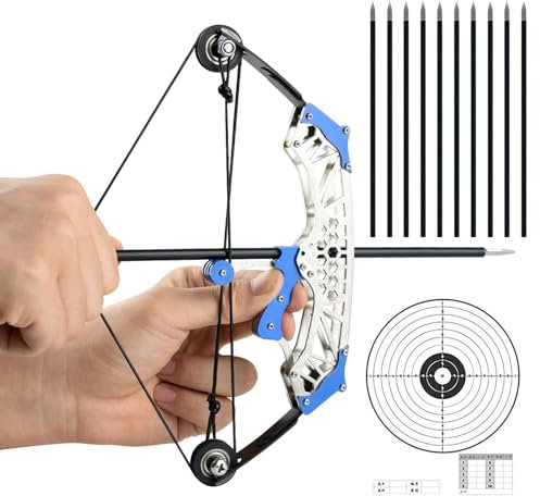 Mini Compound Bogen Set mit blauen Akzenten Edelstahl Bogen und Pfeile Ideal für Outdoor-Sport und Wettkämpfe Große Schwarze Riemenscheibe