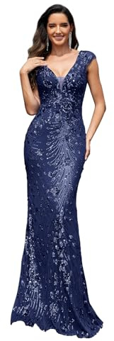 Womens Sequined Long Evening Gown Glamous Sleeveless V-Neck Mermaid Prom Dress for Wedding Party Club Occasions Navy Blue XXL