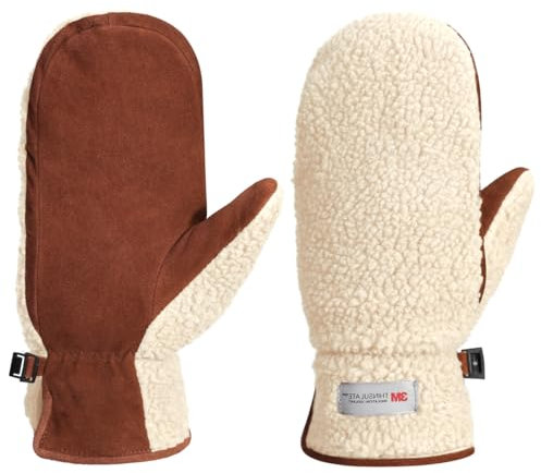 Harssidanzar Damen Winter Lederhandschuhe Outdoor Warm gefüttert Skifahren Fäustlinge SL020EU,Beige/Hellbraun,Größe XS