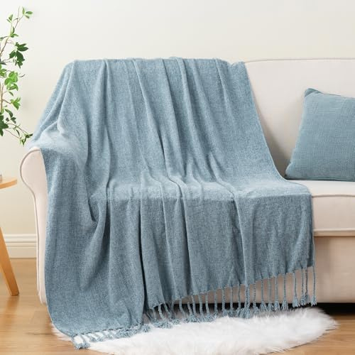 BATTILO HOME Dusty Blue Throw Blanket for Bed, Soft Cozy Chenille Throw Blanket with Fringe Tassels, Lightweight Knitted Throws for Sofa Home Decor, 130×150cm