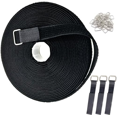 Klettband, Kabelbinder Klett, 10m Frei Zuschneidbar Klettverschluss Band 50 Metallschnalle Gurtband 20mm Breit, Kabelbinder Wiederverschließbar zum Organisieren Ihrer Kabel, Schnüre, Schläuche Schwarz
