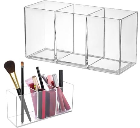 Parthan Porta-pennelli in acrilico per trucco, organizzatore con 3 scomparti, portapenne, perfetto per rossetti, eyeliner e forniture per ufficio, trasparente, 20 x 9 cm