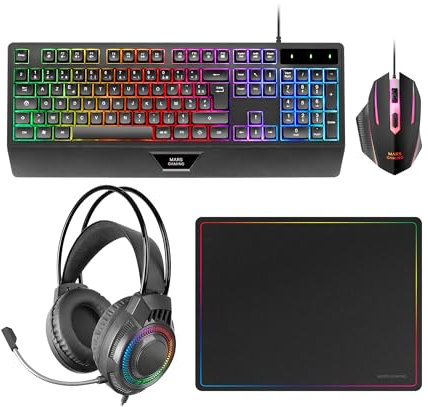 Mars Gaming MCP124PRO, Gaming-Combo 4in1, RGB H-Mech-Tastatur mit Handballenauflage, RGB-Maus 3200DPI HUANO-Schalter, FRGB-Headset, Nanotextil-Mauspad 36x26cm, Multiplattform, Spanisch, Schwarz