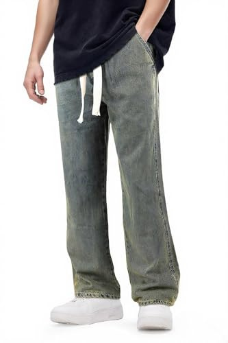 GINGTTO Jeans Uomo Baggy Pantaloni Gamba Larga Denim Straight Loose Fit Pants Verde 28