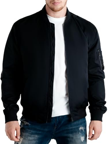 Flyplus Men’s Bomber Jacket Lightweight Windproof Water-Resistant Flight Jacket with 4 Pockets FM25051, Black Medium