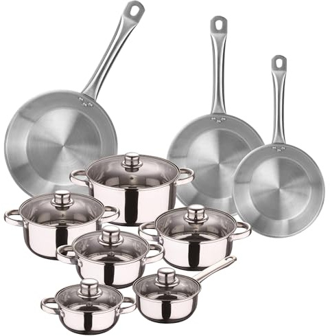 Well Home Set de Batería de Cocina de 12 Piezas y Sartenes en Acero inoxidable Ø20 Ø24 y Ø28 x5cm, Aptas para inducción y SIN antiadherente