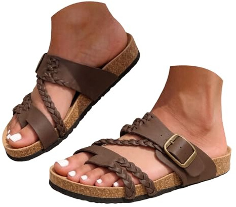 Cork Footbed Slide Sandals for Women - Braided Strap Toe Loop Adjustable Metal Buckle Comfort Slides - PU Leather Soft Arch Support - Bohemian Summer Style - Beach Holiday Daily Wear Outdoor Walking