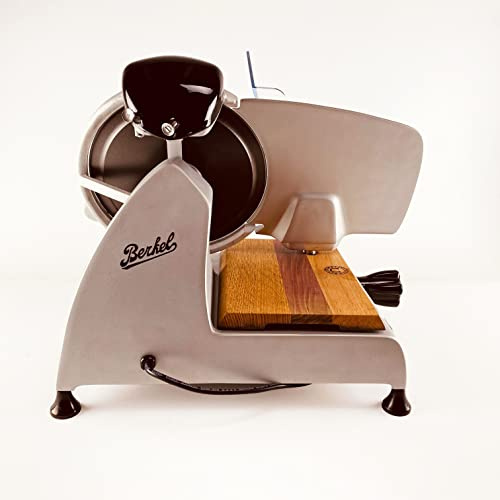 Palatina Werkstatt ®, Berkel Red Line 250 Trancheuse professionnelle originale avec lame de 250 mm de diamètre, revêtement en téflon et planche de service en bois de tonneau Gris mat