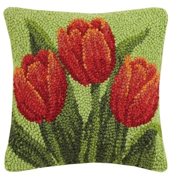 Peking Handicraft Red Tulips 10 Square Hooked Wool Throw Pillow with Polyfill Insert